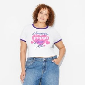 Poppi White and Pink Crop T-Shirt with Purple Trim, L